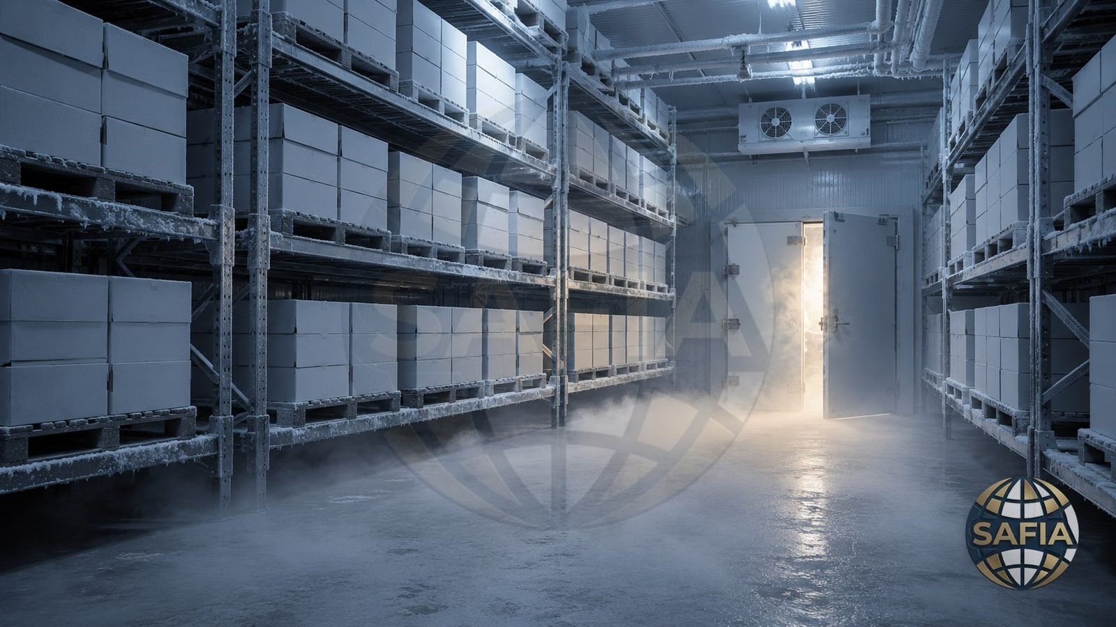Temperature-controlled cold storage — palletised frozen stock held at −18°C through the SAFIA cold chain