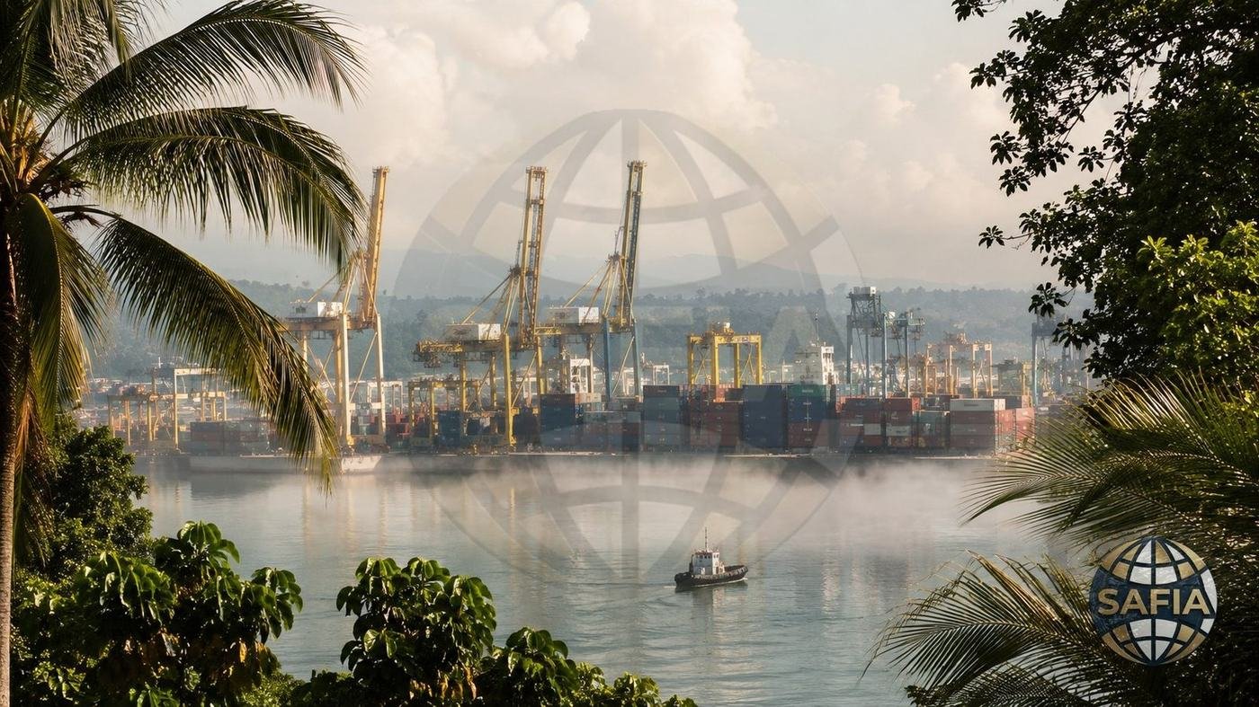 Tropical container terminal at dawn — SAFIA food commodity shipments to Indonesia