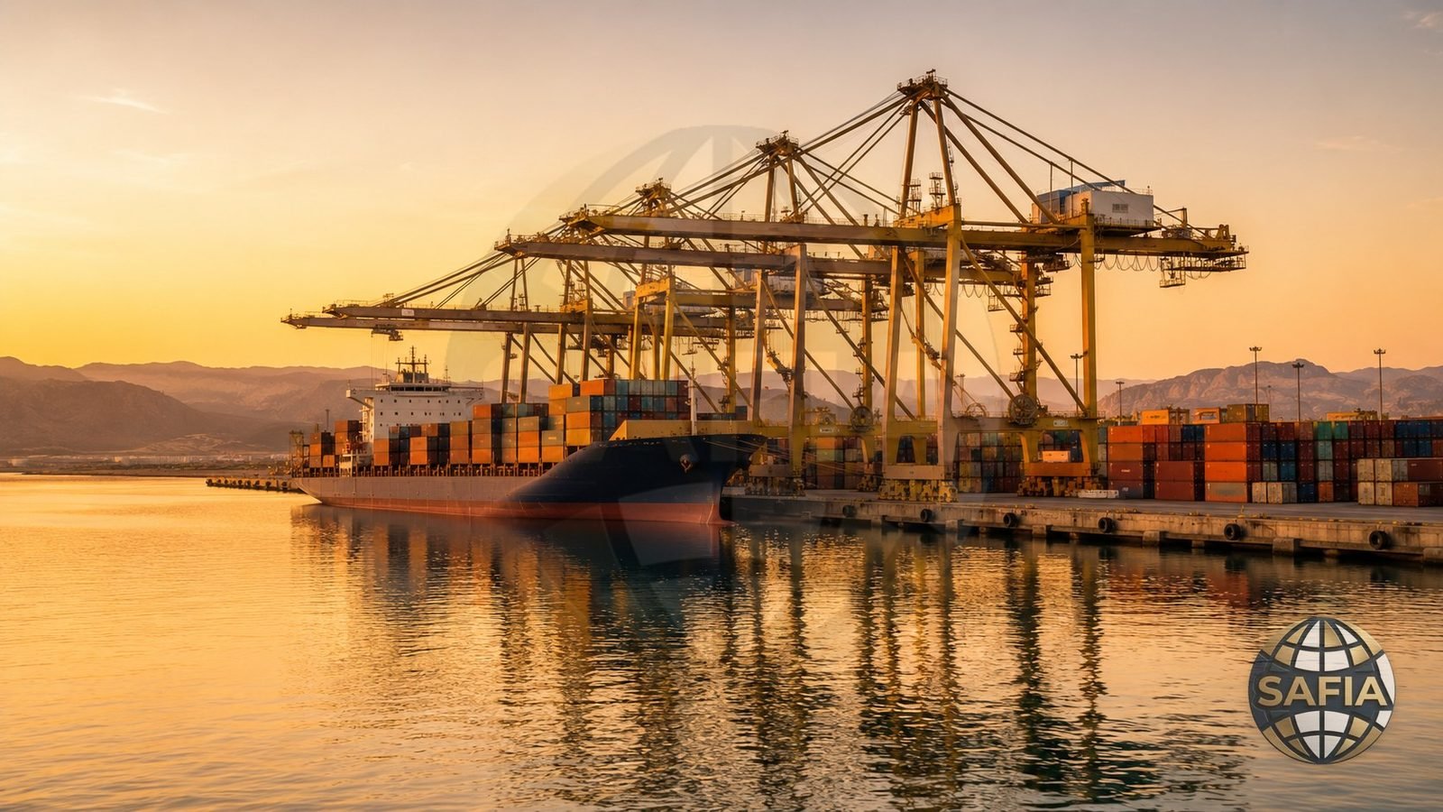 Container vessel loading at a mountain-backed Gulf port — SAFIA shipments to Oman