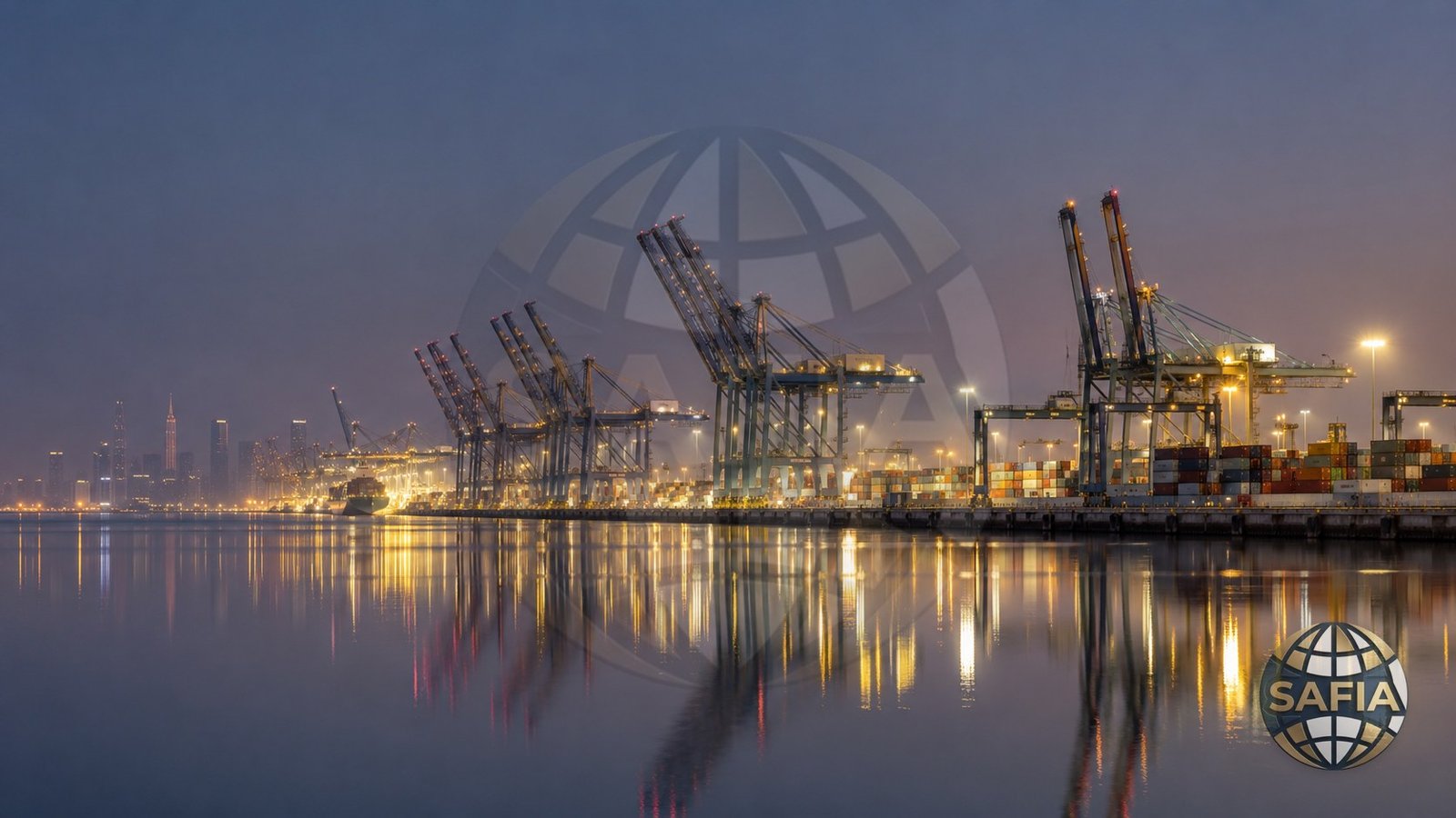 Container terminal at dusk with city skyline — SAFIA shipments to the United Arab Emirates
