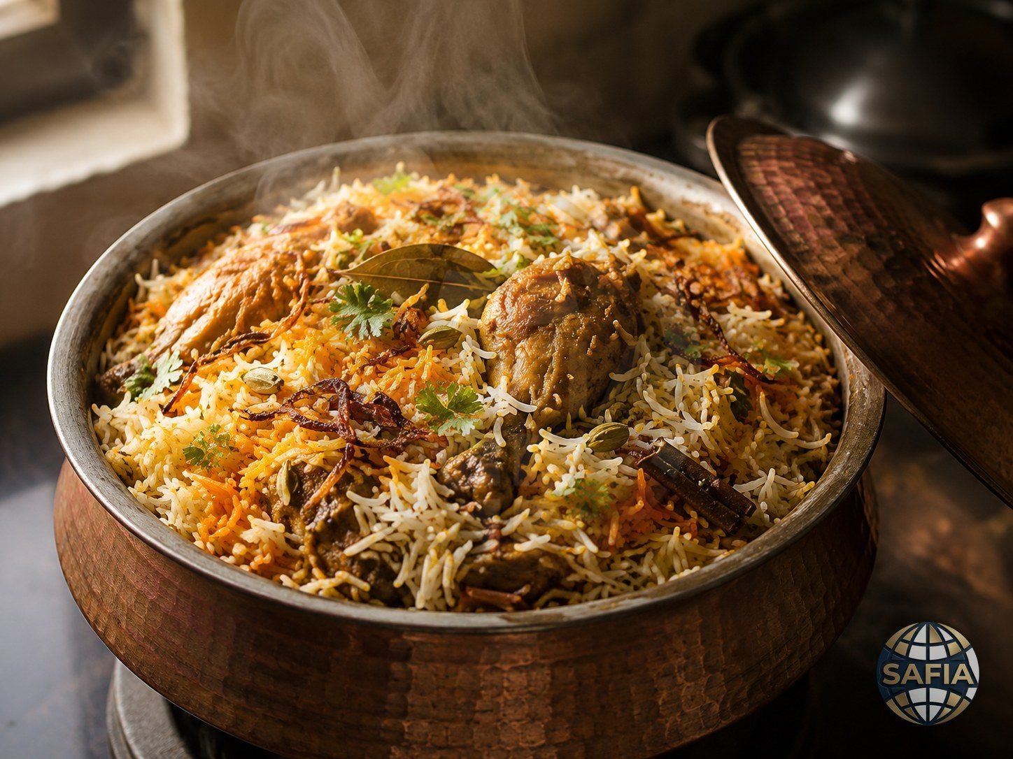 Chicken biryani layered with SAFIA 1121 extra long grain basmati — separate saffron and white grains, whole spices and fried onion in a copper handi