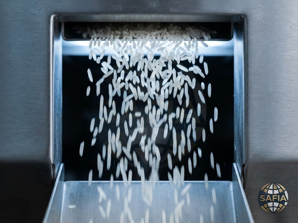 Rice grains cascading through an optical colour sorter — every SAFIA lot graded grain by grain
