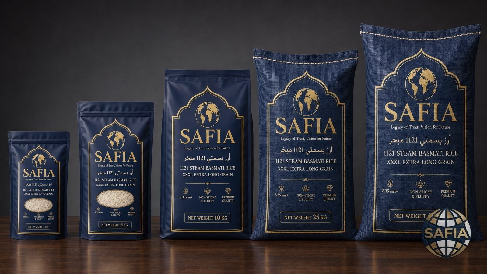 SAFIA 1121 Steam Basmati Rice pack range — 1, 5, 10, 25 and 40 KG — representative rice image