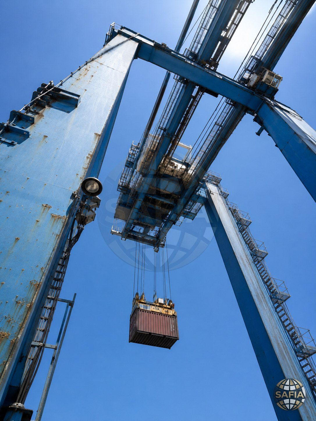 Ship-to-shore gantry crane lifting a container at a container terminal — SAFIA export handling