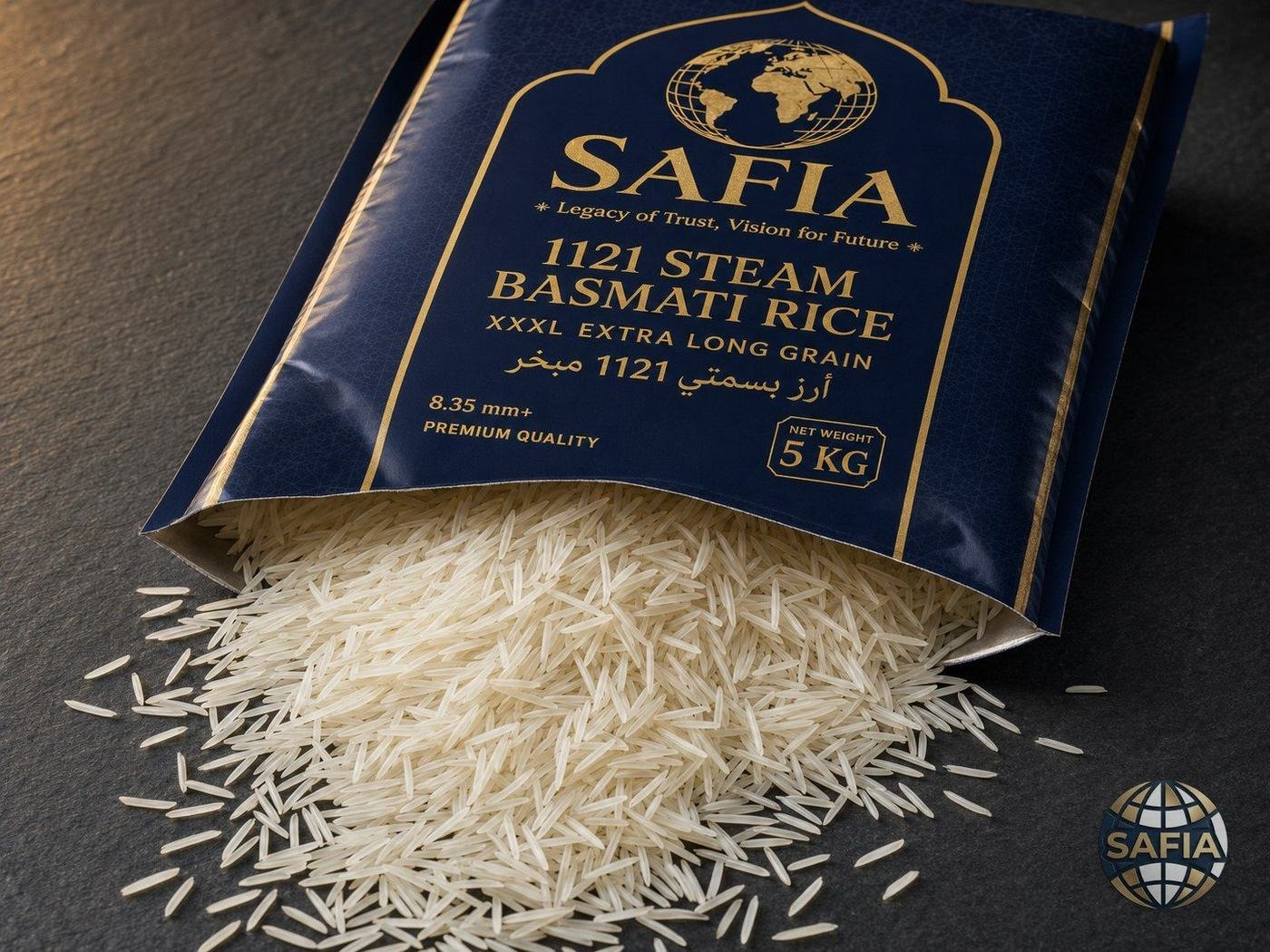 1121 Steam Basmati Rice pouring from a SAFIA 5 KG pack — extra long slender grains — representative rice image