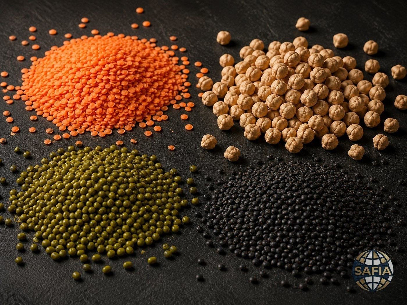 SAFIA premium pulses and lentils — red lentils, chickpeas, mung beans, black lentils