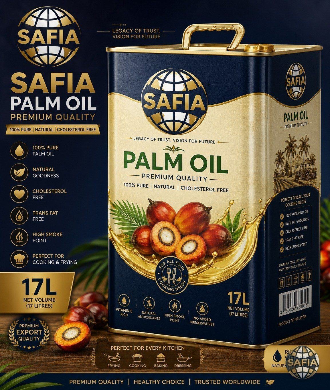 SAFIA Palm Oil 17 litre catering tin — premium quality, high smoke point, for frying, cooking and baking