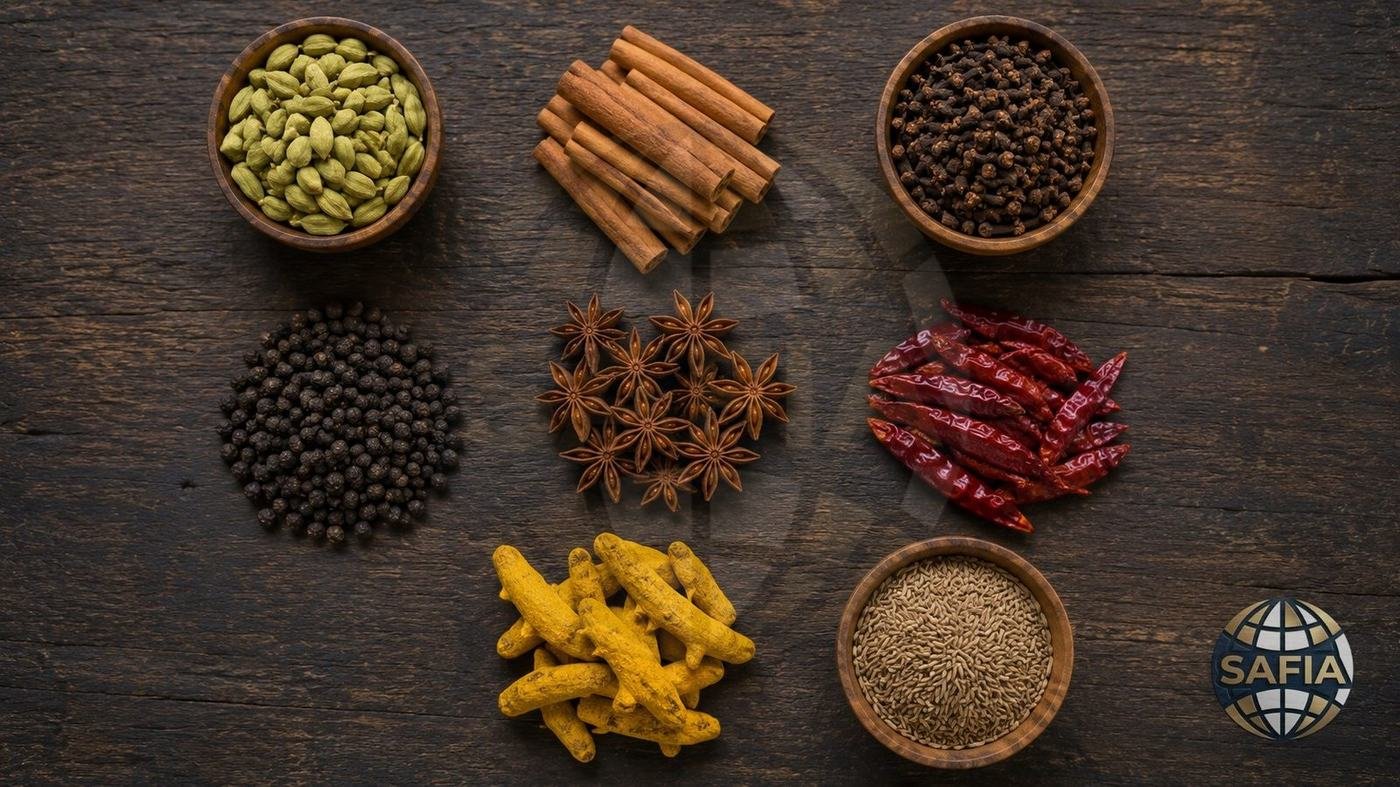 SAFIA whole spices — green cardamom, cinnamon, cloves, black pepper, star anise, dried red chilli, turmeric and cumin